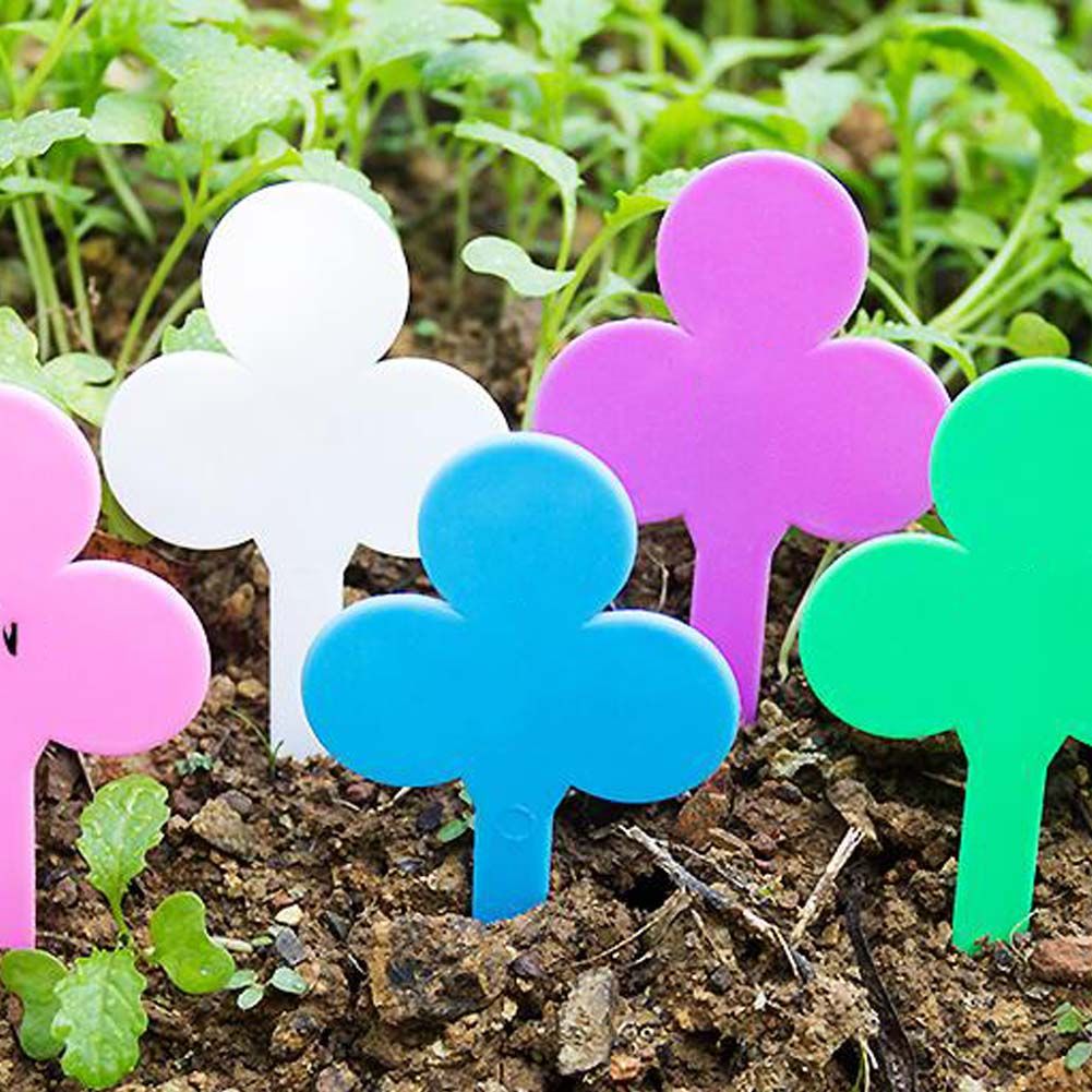 100 Pcs PVC Plant Labels Clover Pattern Plastic Plant Tags Nursery Garden Plant Markers, Random Color