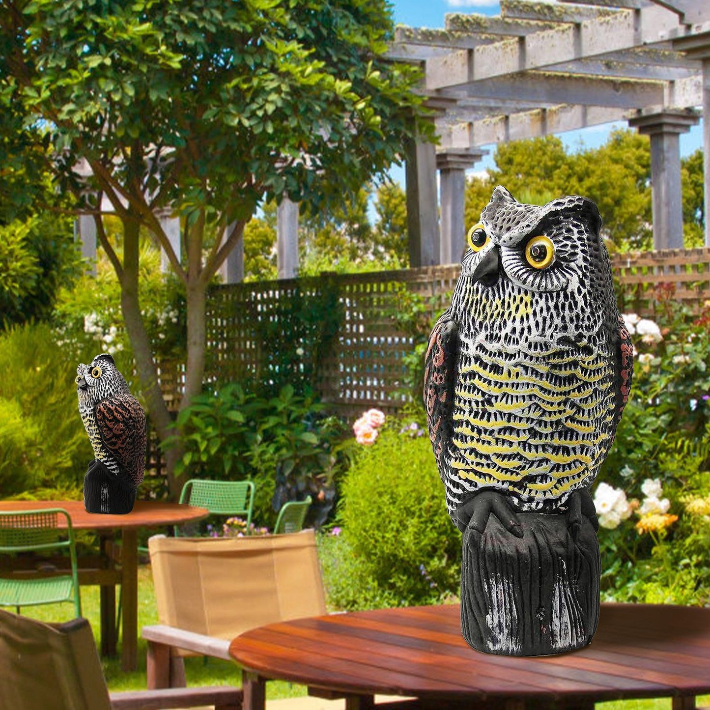 Solar Powered Owl Decoy with Flashing Eye Hoot Sound Infrared Sensor Scare Bird Squirrel Away Pest Repellent Bird Deterrent Outdoor Garden Yard Protector