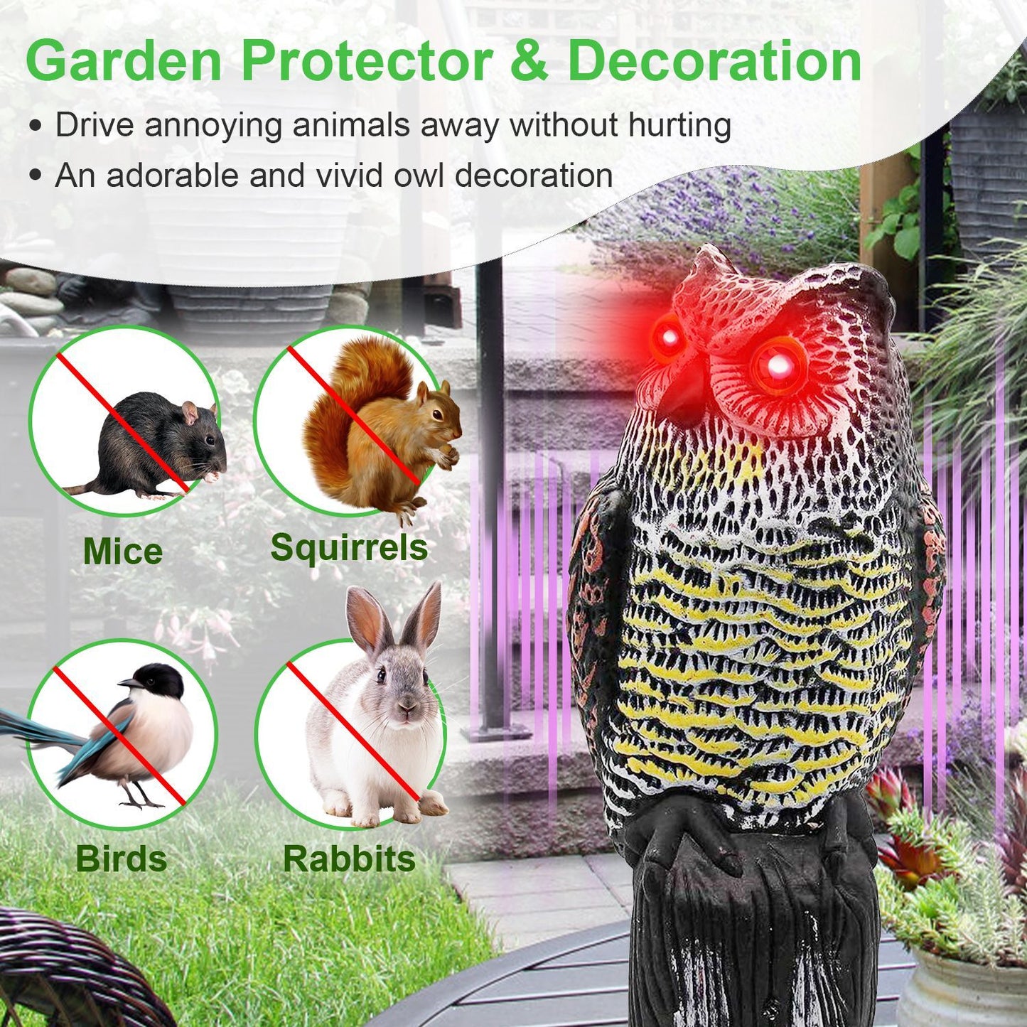 Solar Powered Owl Decoy with Flashing Eye Hoot Sound Infrared Sensor Scare Bird Squirrel Away Pest Repellent Bird Deterrent Outdoor Garden Yard Protector