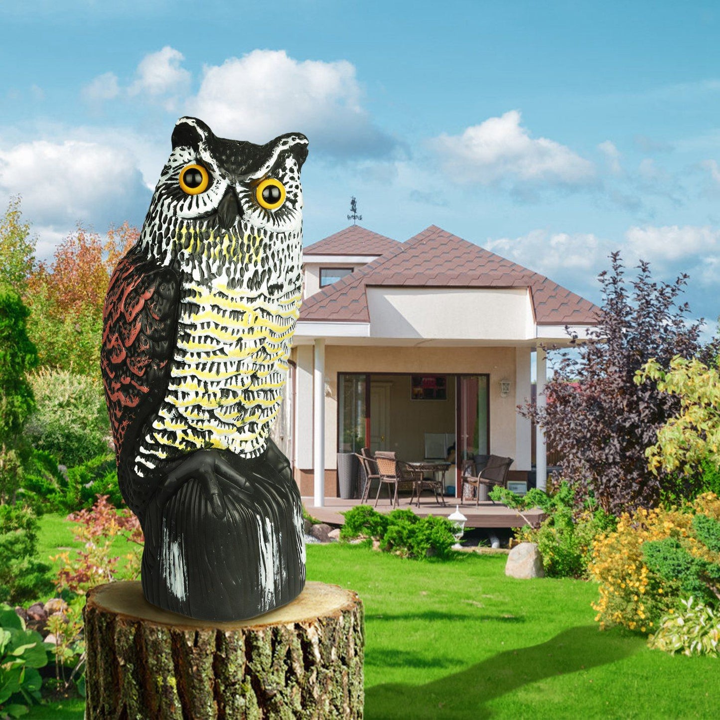 Solar Powered Owl Decoy with Flashing Eye Hoot Sound Infrared Sensor Scare Bird Squirrel Away Pest Repellent Bird Deterrent Outdoor Garden Yard Protector