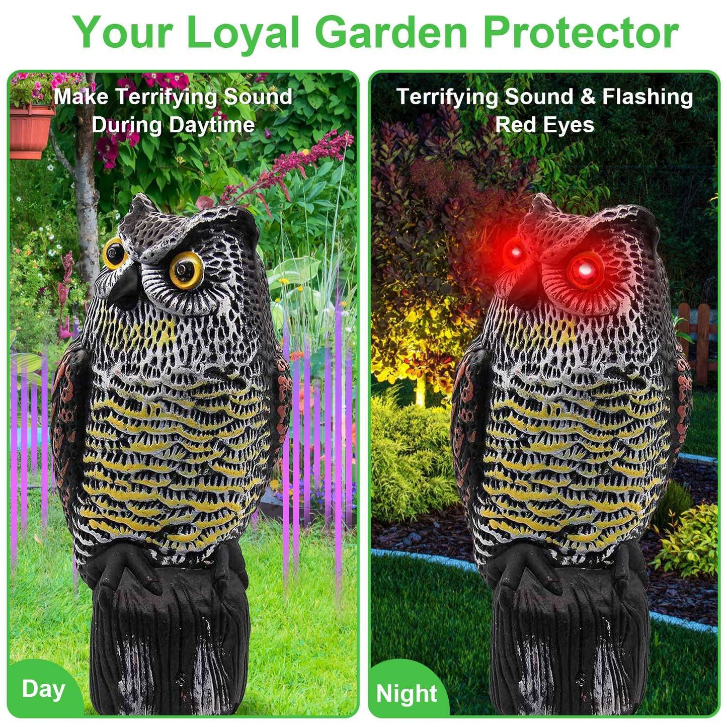 Solar Powered Owl Decoy with Flashing Eye Hoot Sound Infrared Sensor Scare Bird Squirrel Away Pest Repellent Bird Deterrent Outdoor Garden Yard Protector