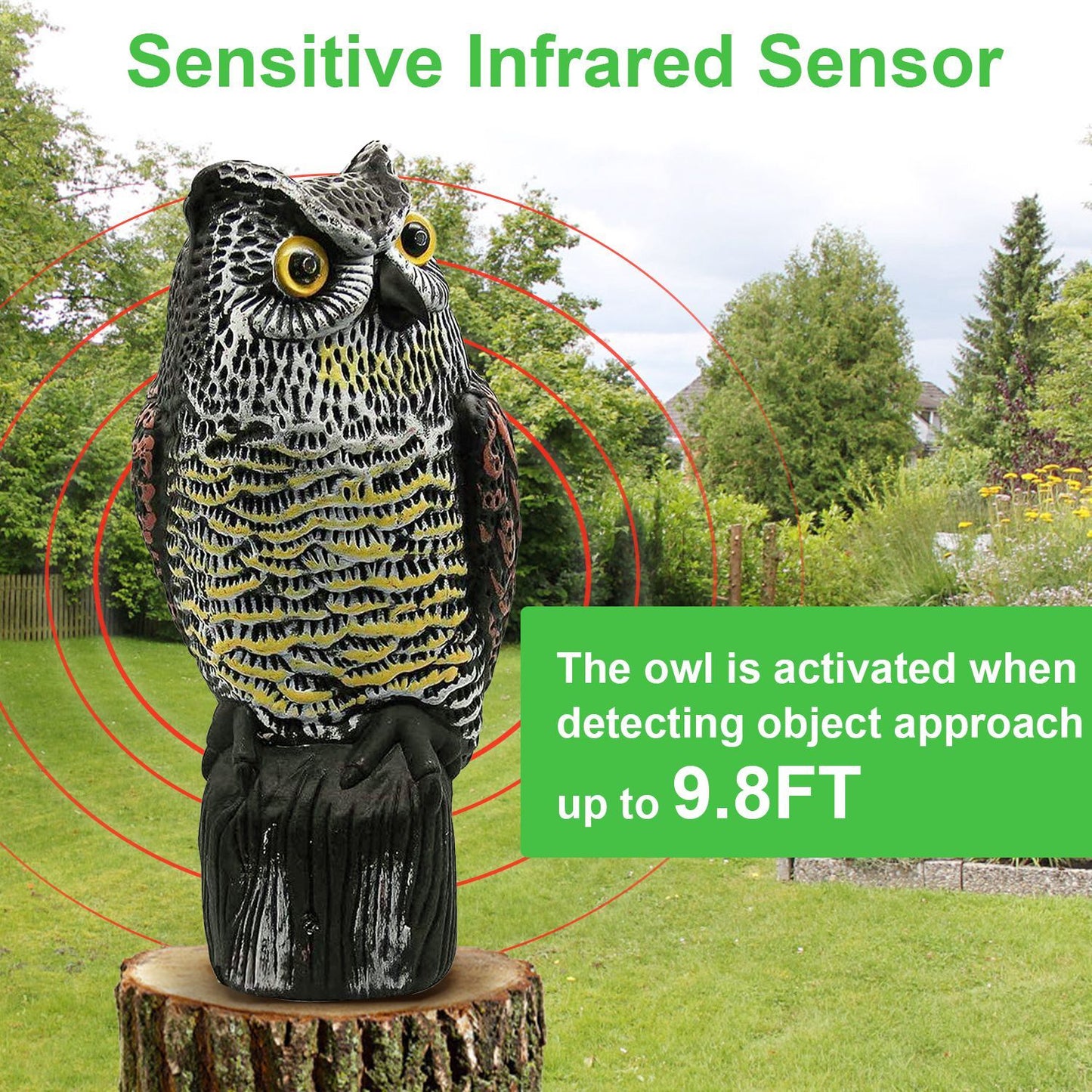 Solar Powered Owl Decoy with Flashing Eye Hoot Sound Infrared Sensor Scare Bird Squirrel Away Pest Repellent Bird Deterrent Outdoor Garden Yard Protector