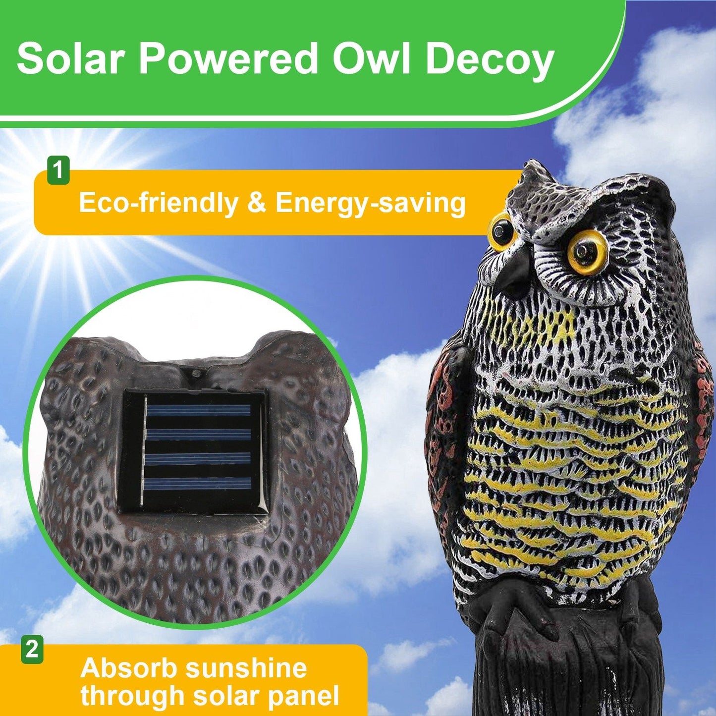 Solar Powered Owl Decoy with Flashing Eye Hoot Sound Infrared Sensor Scare Bird Squirrel Away Pest Repellent Bird Deterrent Outdoor Garden Yard Protector