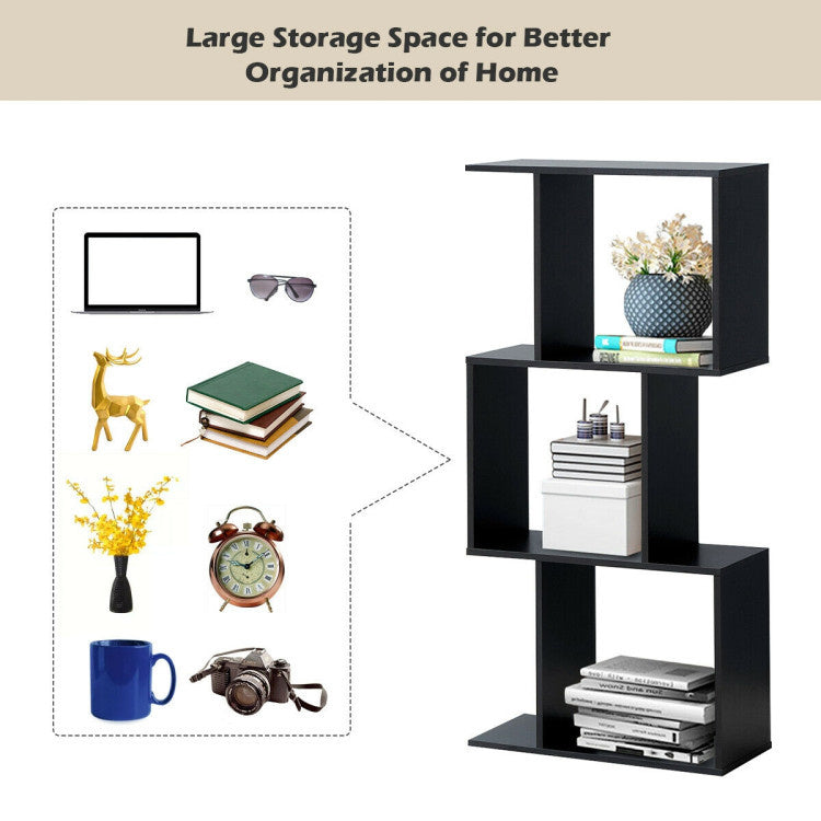 2/3/4 Tiers Wooden S-Shaped Bookcase for Living Room Bedroom Office