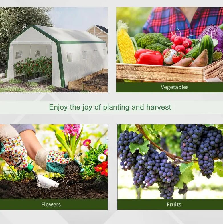 20' L x 10' W x 8' H Heavy-duty Greenhouse Walk-in Hot House with Windows and Roll Up Door;  PE Cover;  Steel Frame;  White