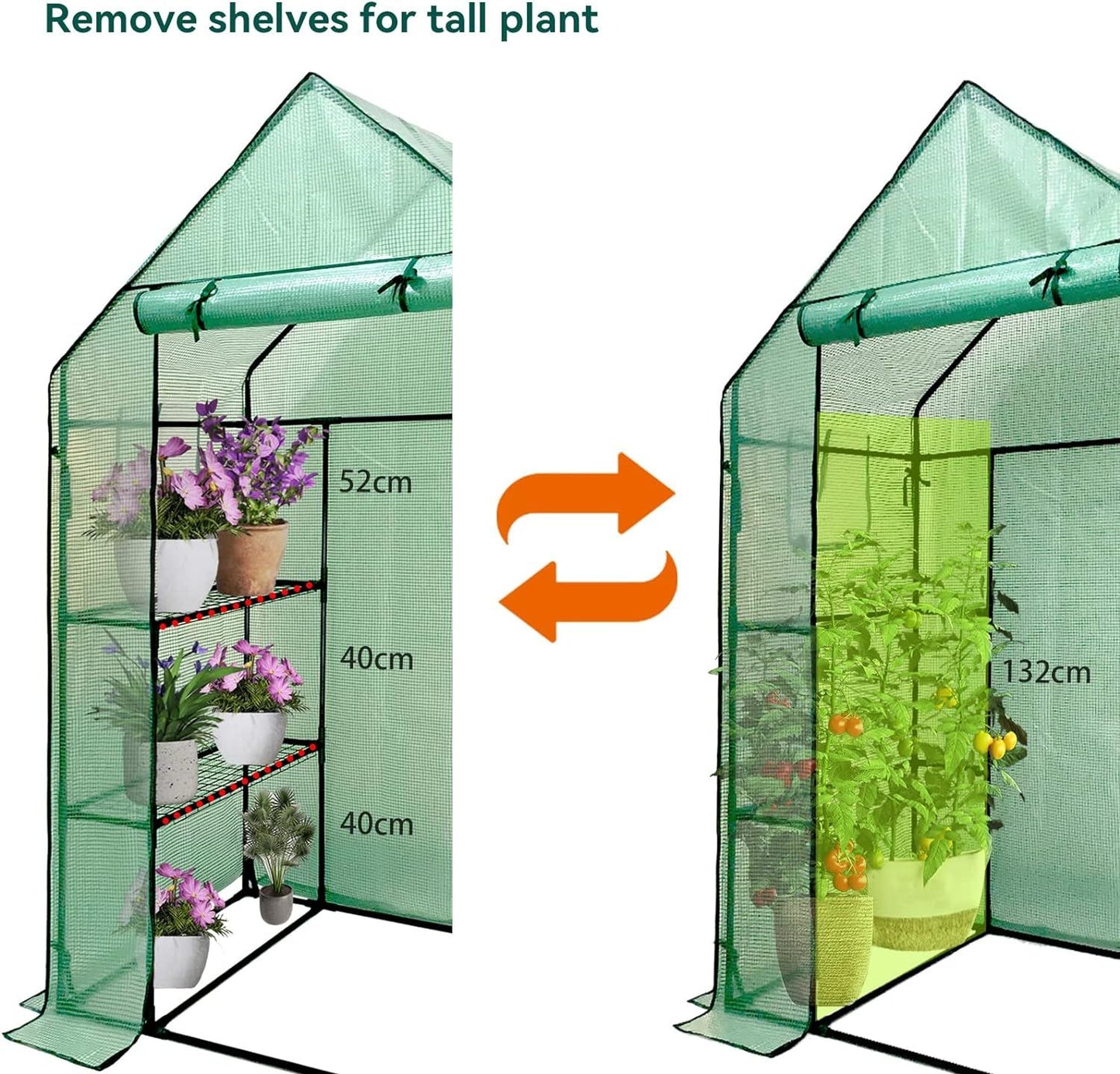 Walk In Greenhouse With Shelves,Walk-In Plant Green House With Durable Green PE Cover, 3 Tiers 6 Shelves Stands with Ground Pegs & Ropes for Stability, 143x73x195cm