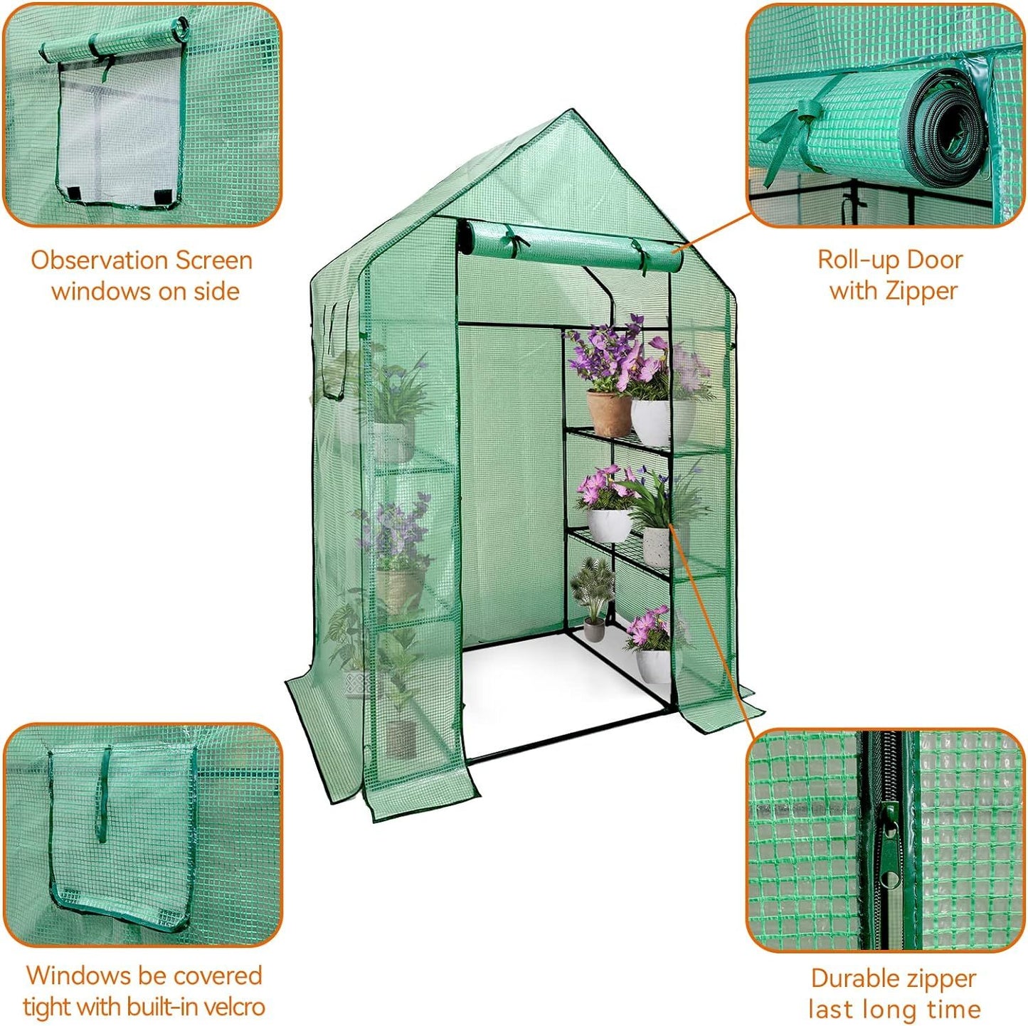 Walk In Greenhouse With Shelves,Walk-In Plant Green House With Durable Green PE Cover, 3 Tiers 6 Shelves Stands with Ground Pegs & Ropes for Stability, 143x73x195cm