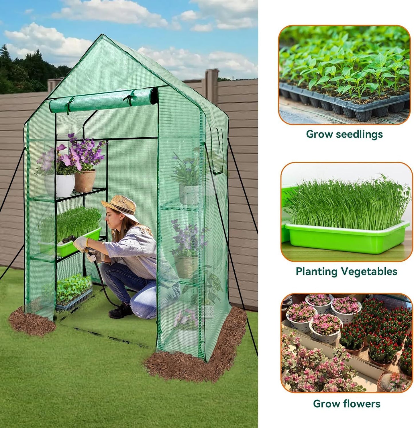 Walk In Greenhouse With Shelves,Walk-In Plant Green House With Durable Green PE Cover, 3 Tiers 6 Shelves Stands with Ground Pegs & Ropes for Stability, 143x73x195cm