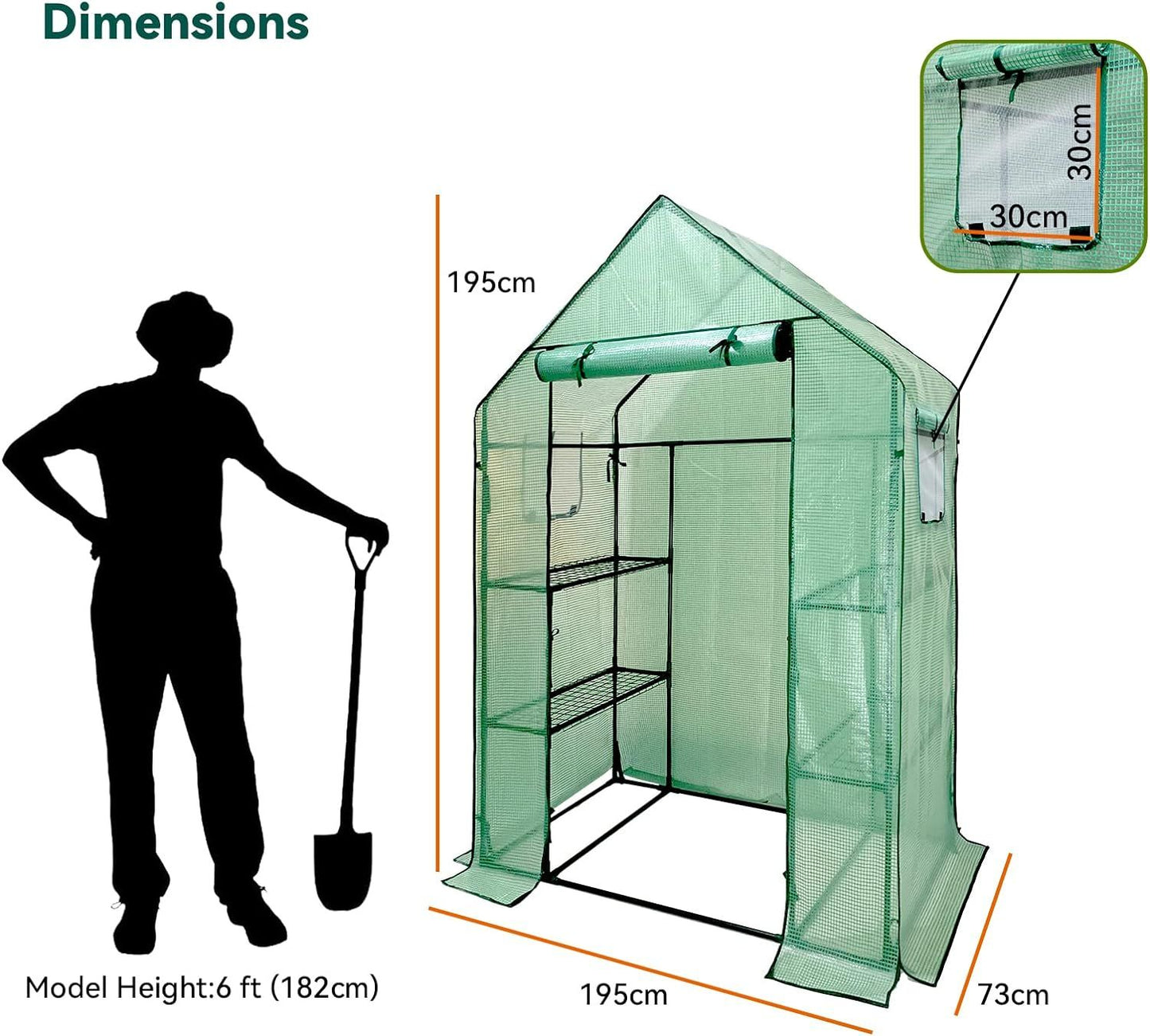 Walk In Greenhouse With Shelves,Walk-In Plant Green House With Durable Green PE Cover, 3 Tiers 6 Shelves Stands with Ground Pegs & Ropes for Stability, 143x73x195cm