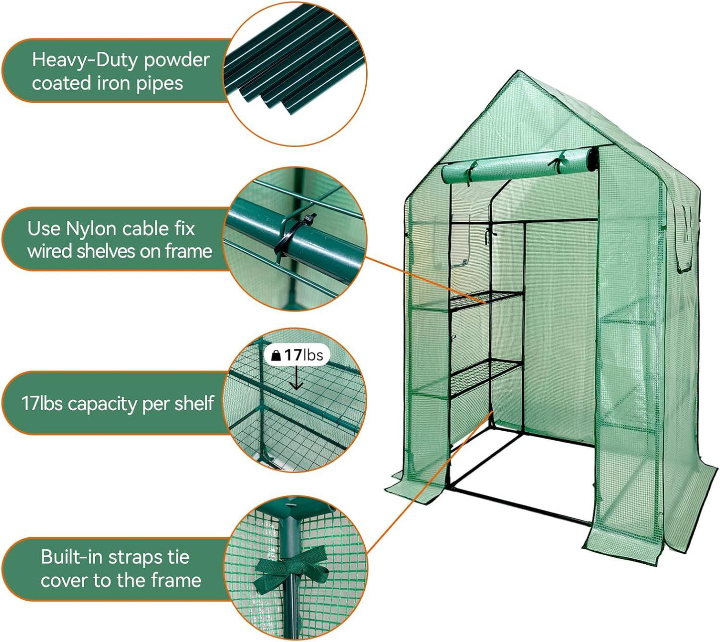 Walk In Greenhouse With Shelves,Walk-In Plant Green House With Durable Green PE Cover, 3 Tiers 6 Shelves Stands with Ground Pegs & Ropes for Stability, 143x73x195cm