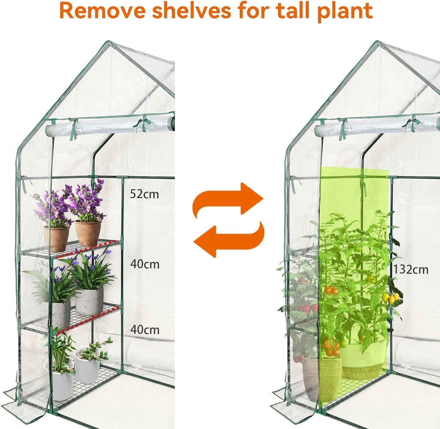 Walk in Greenhouse with 3 Tier 6 Shelves,2 More Bottom Shelves Reinforced Plant House,Steel Frame Growhouse/Green House for Outdoor,PVC Cover 143x73x195cm
