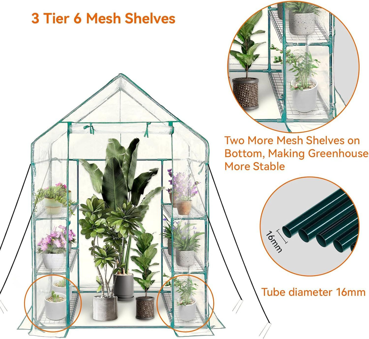 Walk in Greenhouse with 3 Tier 6 Shelves,2 More Bottom Shelves Reinforced Plant House,Steel Frame Growhouse/Green House for Outdoor,PVC Cover 143x73x195cm