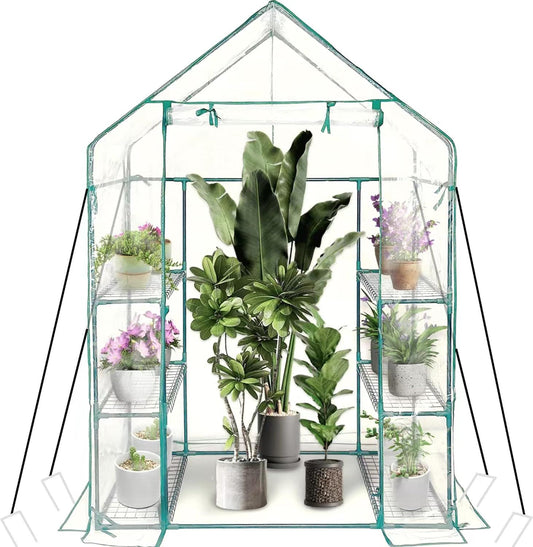 Walk in Greenhouse with 3 Tier 6 Shelves,2 More Bottom Shelves Reinforced Plant House,Steel Frame Growhouse/Green House for Outdoor,PVC Cover 143x73x195cm