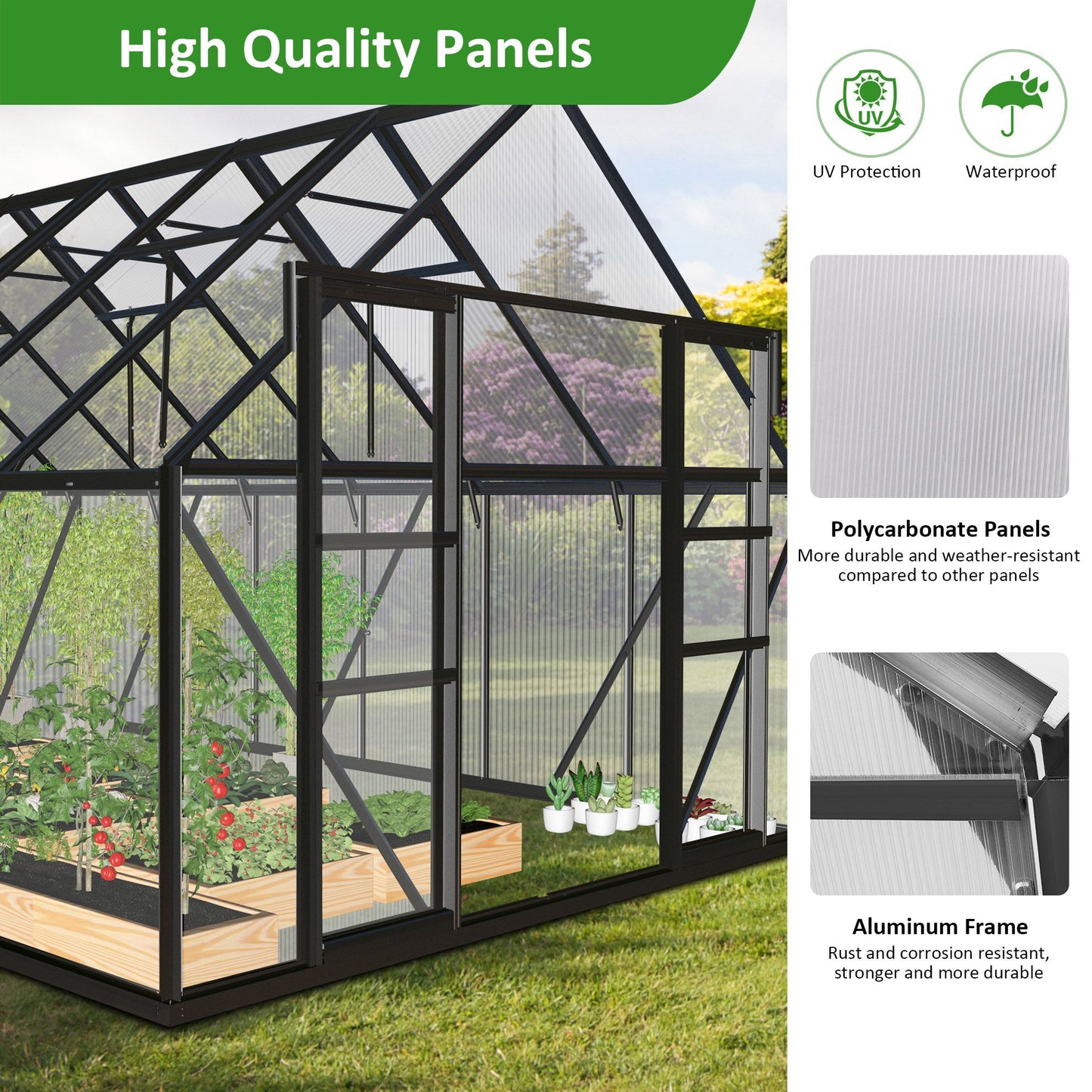12x8 ft Walk-in Outdoor Greenhouse with Sliding Door, Vent Window, Rain Gutter