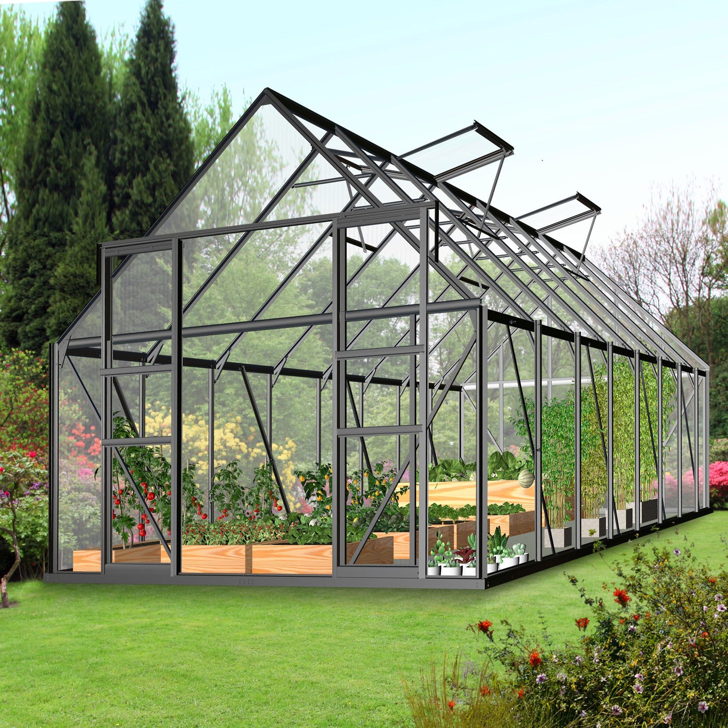12x8 ft Walk-in Outdoor Greenhouse with Sliding Door, Vent Window, Rain Gutter