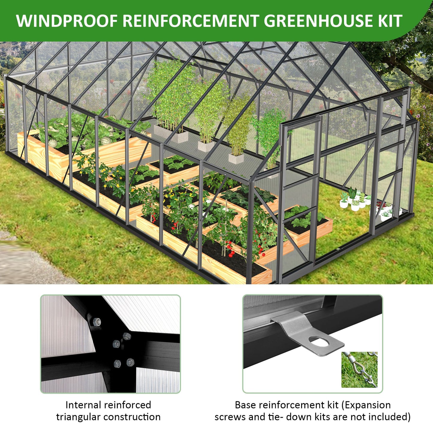 12x8 ft Walk-in Outdoor Greenhouse with Sliding Door, Vent Window, Rain Gutter
