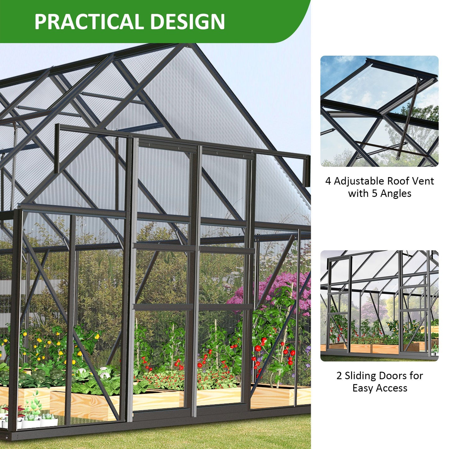 12x8 ft Walk-in Outdoor Greenhouse with Sliding Door, Vent Window, Rain Gutter