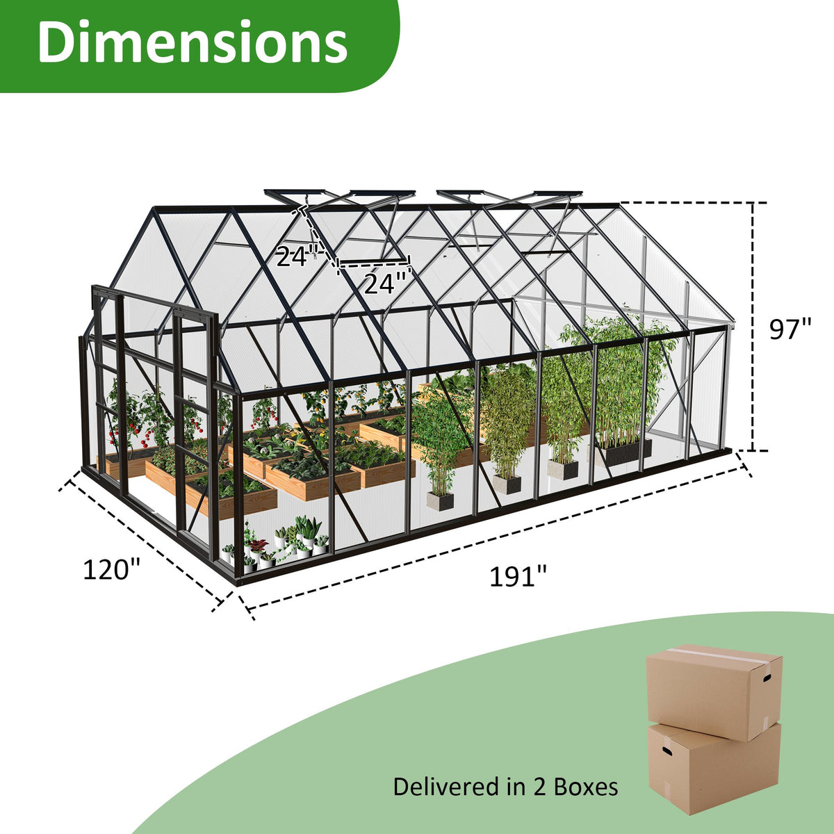 12x8 ft Walk-in Outdoor Greenhouse with Sliding Door, Vent Window, Rain Gutter