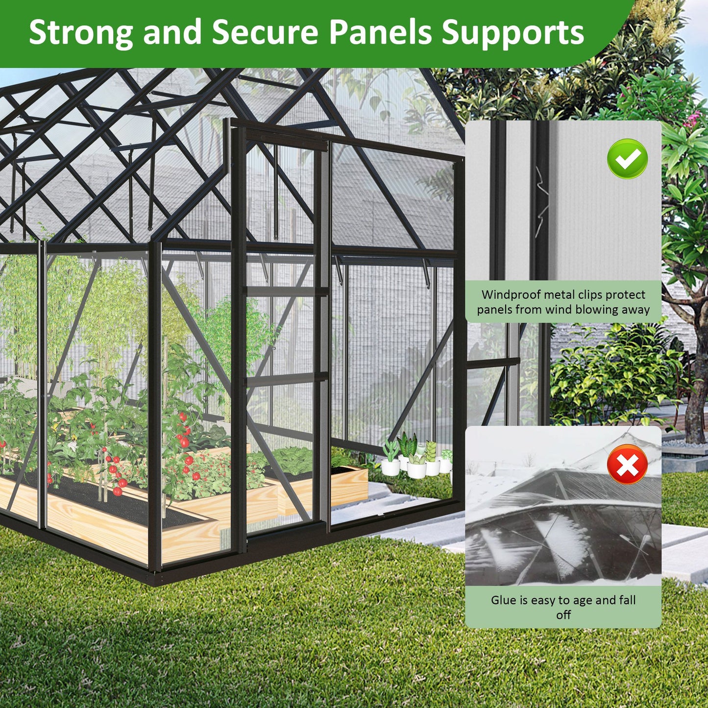 12x8 ft Walk-in Outdoor Greenhouse with Sliding Door, Vent Window, Rain Gutter
